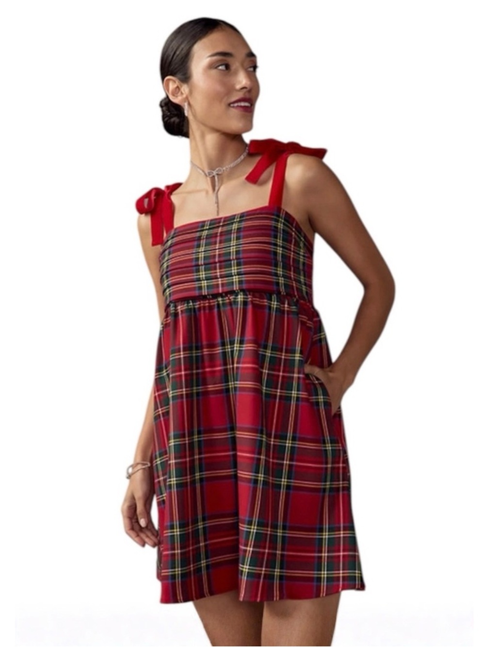 Francesca’s Lorrie Red Plaid Tie Strap Pleated Mini Swing Dress NWT Size Medium